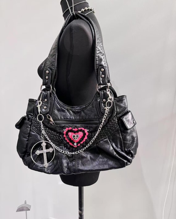 Y2k Unique Fairy Pink Patch Shoulder Bag Trendy Black