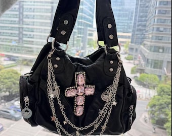 Y2k Goth Shoulder Bag: Black Handbag with Chain & Crossbody Strap
