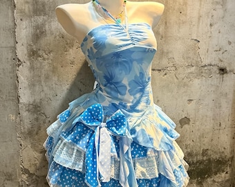 Blue Hibiscus Print Halter Tube Top Blue Polka Dot Irregular Tiered Mini Skirt 2 Piece Beach Coquette Lolita Outfit Set