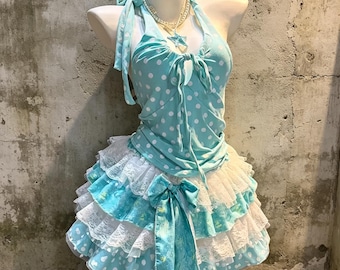 Mint White Polka Dot Tie Halter Ruched Tank Top Ocean Print Lace Tiered Mini Skirt 2 Piece Elegant Beach Coquette Lolita Outfit Set