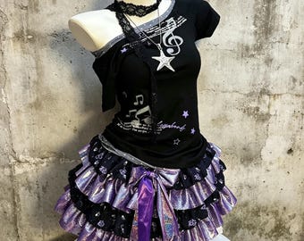 Black Music Note Asymmetric Off Shoulder Tee Purple Glitter Butterfly Tiered Mini Skirt 2Pcs Elegant Dark Lolita Matching Set