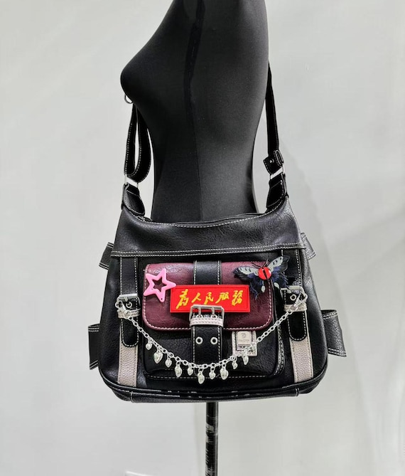 y2k slang hand bag boston hysteric似 pank Punk Bag, Sourpuss Gothic Tote Purse Y2K Cool Style Trendy