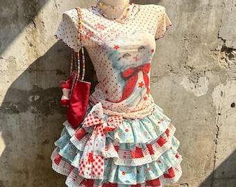 White Red Polka Dot Cartoon Cat Ruffle Top Red Blue Gingham Lace Tiered Mini Skirt 2Pcs Elegant Sweet Lolita Coquette Matching Set