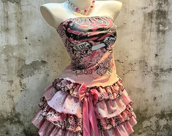 Pink Rose Tattoo Print Strapless Tube Top Pink Leopard Glitter Star Tiered Mini Skirt 2Pcs Elegant Dark Lolita Matching Set