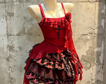 Red Ruffle Rose Camisole Pink Black Leopard Chiffon Tiered Mini Skirt 2Pcs Elegant Dark Goth Lolita Matching Set