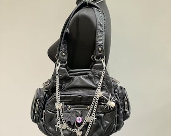 Y2k Punk Patch Shoulder Bag: Black PU Leather Crossbody with Charms
