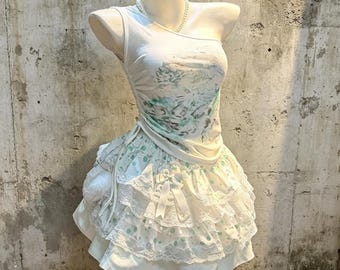 Mint Green Ink Print One Shoulder Drawstring Tank Top Mint Polka Dot Lace Tiered Mini Skirt 2 Piece Elegant Soft Coquette Lolita Outfit Set