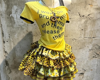 Yellow Black Polka Dot Asymmetric Short Sleeve Tee Leopard Star Plaid Lace Tiered Mini Skirt 2 Piece Elegant Punk Y2K Coquette Outfit Set