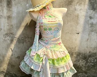 Pastel Clover Fruit Print Halter Tie Wrap Top Green Gingham Lace Tiered Mini Skirt 2 Piece Cottagecore Coquette Lolita Outfit Set