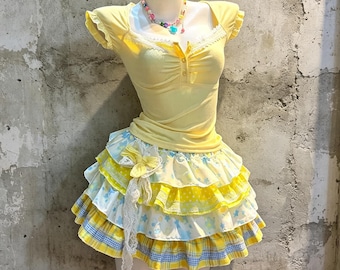 Yellow Square Neck Ruffle Button Tee Yellow Blue Star Gingham Lace Tiered Mini Skirt 2Pcs Elegant Pastel Lolita Matching Set