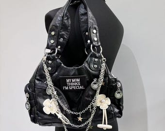 Y2k Goth Patch Shoulder Bag: Black PU Leather Crossbody with Chain