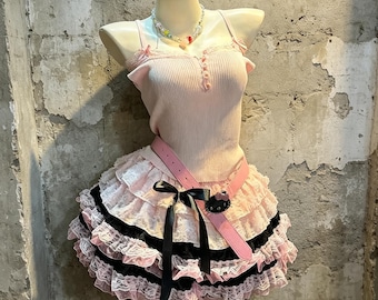 Pink Rib Lace Strap Camisole Black Pink Ruffle Tiered Mini Skirt With Hello Kitty Pin 2 Piece Coquette Y2K Kawaii Outfit Set