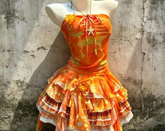 Orange Tropical Floral Drawstring Tube Top Orange Irregular Lace Tiered Mini Skirt 2 Piece Elegant Summer Beach Coquette Lolita Outfit Set