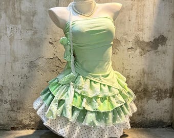 Mint Green Side Twist Tube Top Green Floral Polka Dot Lace Tiered Mini Skirt 2Pcs Elegant Cottagecore Lolita Matching Set