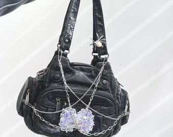 Y2k Fairycore Shoulder Bag: Black PU Leather Handbag with Charms
