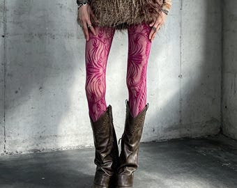 Grunge Tribal Vine Floral Fishnet Tights 3 Colors Black Magenta Purple Y2K Western Grunge Sheer Pantyhose