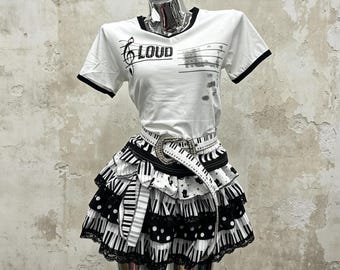 Black Kitty Asymmetric Halter Top Piano Key Ruffle Tiered Mini Skirt 2 Piece Alt Goth Y2K Coquette Outfit Set