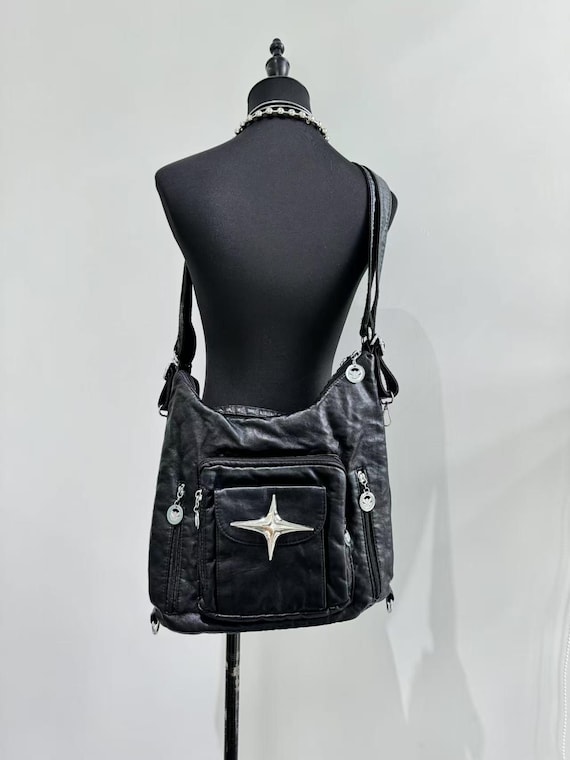 Y2K Metal Crossbody Bag: Black PU Leather Backpack, School