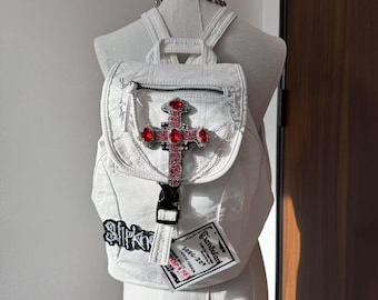 Y2K White PU Leather Backpack: Red Cross Trendy Small Bag