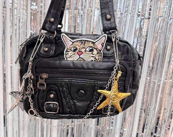 Bolso hobo de piel sintética con bordado de gato / Bolso de hombro alternativo con dije de estrella Y2K