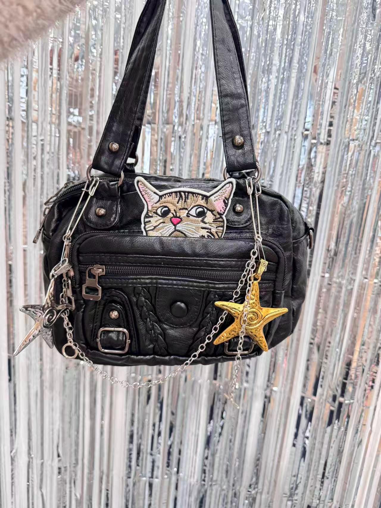 Cat Embroidered Faux Leather Hobo Bag | Y2K Star Charm Alt
