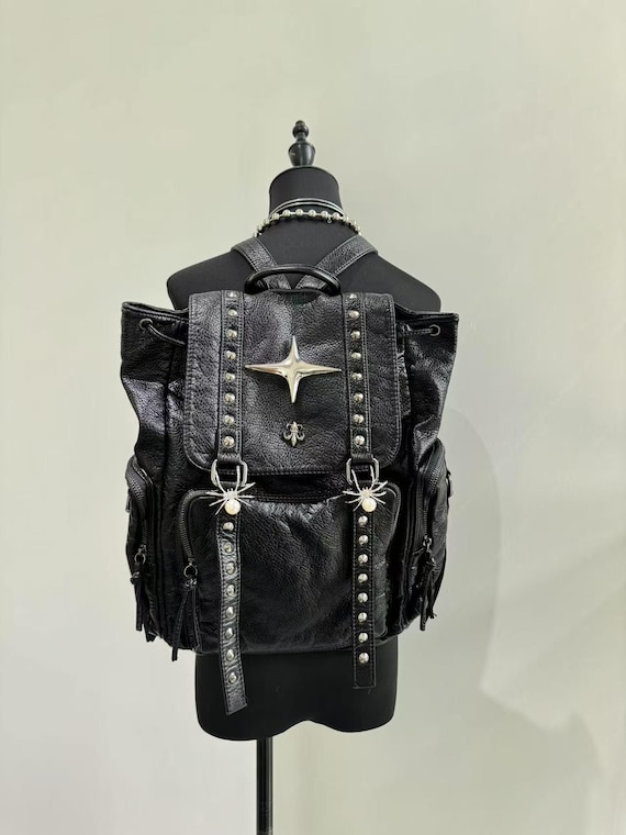 cross studs chain leather backpack 地雷 Handmade Leather City Backpack - Black Gothic Studded