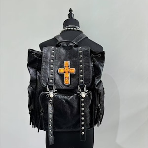 Sac à dos unique gothique croix jaune Y2k cartable noir à la mode sac à dos quotidien sac à dos pour ordinateur portable sac à dos en cuir au choix sac à dos unisexe