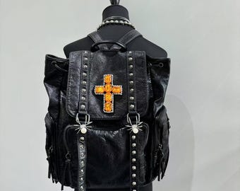 Y2k Goth Black Leather Backpack: Yellow Cross Laptop Bag