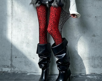 Red Base Liner Tights With Black & White Oval Lace Fishnet Overlays Y2K Goth Layered Mesh Pantyhose Separate Wear