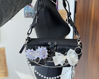 Y2K Fairycore Shoulder Bag: Black PU Leather Handbag with Bows