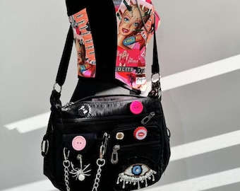Y2k Colorful Buttons and Random Bottle Caps  Shoulder Cute Bag Trendy Goth Crossbody Eye Patch Bag Punk Daily Bag Goth Crossbody Bag
