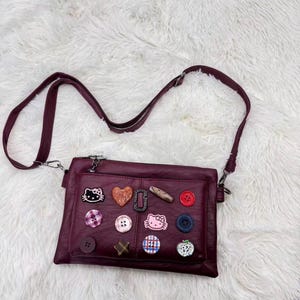 Burgundy PU Leather Multi Button Patch Crossbody Bag :  Niche Multi Pocket Purse