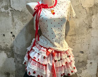 Mini Red Heart Print One Shoulder Ribbon Tie Top Strawberry Lace Tiered Mini Skirt 2 Piece Elegant Sweet Lolita Coquette Outfit Set