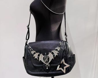 Y2K Goth Bat Bag: Black PU Leather Shoulder Bag with Star