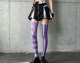 Mismatched Purple Argyle Stripe Thigh High Tights Harajuku Gyaru Scene Kid Alt Punk Hosiery