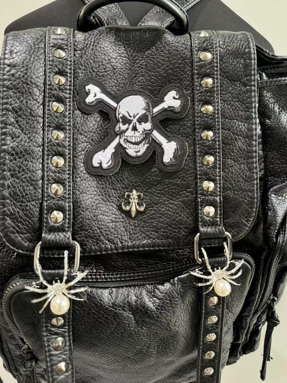 Y2k Goth Skull Patch Backpack: Black PU Leather Laptop Bag - Etsy