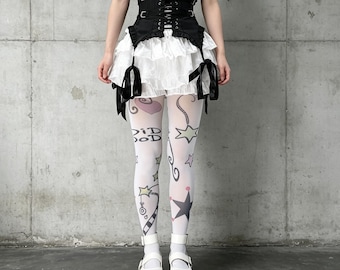 Pastel Star Heart Graffiti Print Full Footed Pantyhose Harajuku Gyaru Scene Kid Sweet Alt Lolita Hosiery