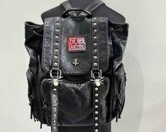 Y2k Goth Anti-War Patch Backpack: Black PU Leather Laptop Bag