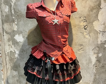 Red Plaid Puff Short Sleeve Ruched Shirt Black Lace Tiered Ruffle Mini Skirt 2 Piece Punk Grunge Goth Outfit Set