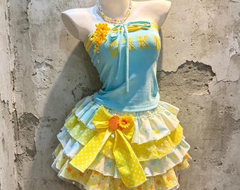 Blue Yellow Colorblock Letter Drawstring Tube Top Yellow Polka Dot Star Lace Tiered Mini Skirt 2Pcs Elegant Summer Lolita Matching Set
