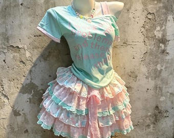 Mint Asymmetric One Shoulder Slogan Tee Pink Star Fringe Lace Tiered Mini Skirt 2Pcs Elegant Pastel Lolita Matching Set