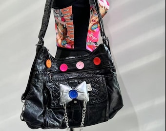 Y2k Goth Shoulder Bag: Black PU Leather Handbag with Bow