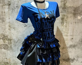 Royal Blue Skull Letter Fitted Short Sleeve T-Shirt Black Blue Floral Lace Satin Tiered Mini Skirt 2 Piece Punk Goth Alt Outfit Set