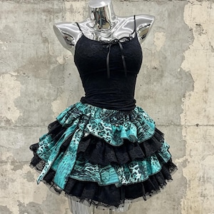 Black Lace Cami Top & Green Leopard Tiered Ruffle Mini Skirt Set Gothic Y2K Punk Outfit
