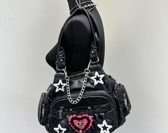 Y2k Punk Shoulder Bag: Black Handbag with Charms & Crossbody Strap