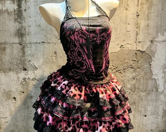 Black Pink Rhinestone Thorn Halter Tube Top Pink Leopard Lace Tiered Mini Skirt 2Pcs Elegant Dark Goth Lolita Matching Set