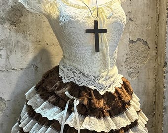 Cream Lace Cap Sleeve Top Brown Distressed Ruffle Tiered Mini Skirt 2 Piece Coquette Lolita Goth Outfit Set