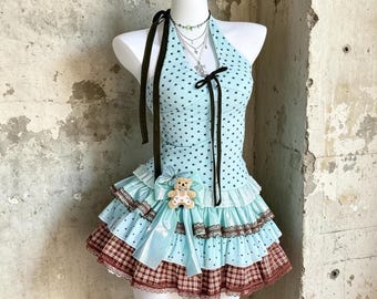 Mint Blue Star Print Halter Tie Camisole Brown Gingham Lace Tiered Mini Skirt With Bear Bow 2 Piece Sweet Coquette Lolita Outfit Set