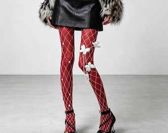 2er Pack Weinrote Polka Dot & weiße Schmetterlings Perle Fischnetz Strumpfhosen Set Y2K Punk Ausschnitt Mesh Strumpfhosen Zwei separate tragbare Strümpfe