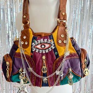 Sac hobo bohème gothique en patchwork | Porte-monnaie Evil Eye avec strass et breloque étoile
